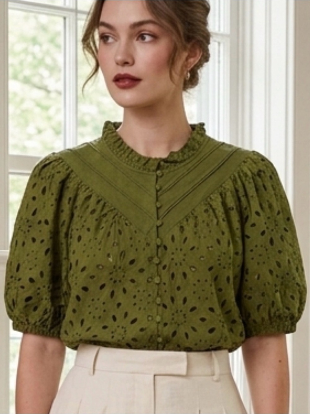 PRETTYGARDEN Olive Green Eyelet Cotton Blouse Short Puff Sleeve Button Front M